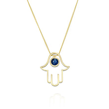 Load image into Gallery viewer, Gold Hamsa with a sapphire